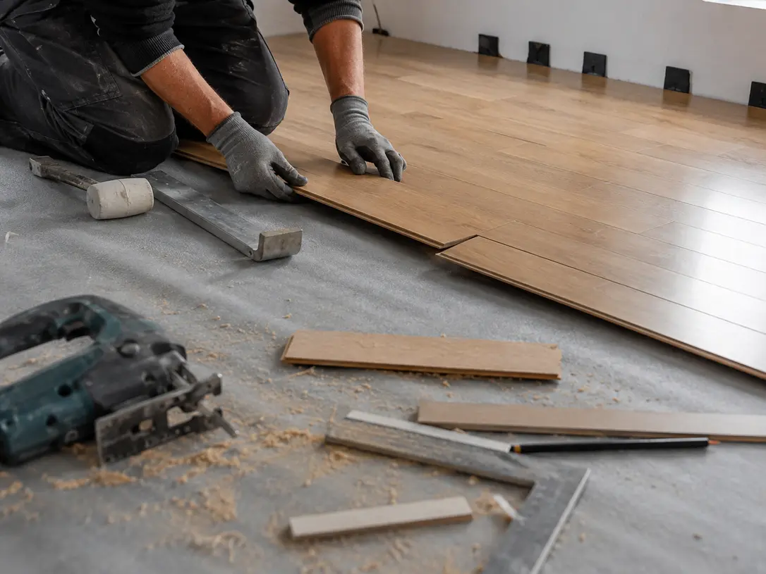 Pose de lames de parquet avec découpes et ajustements