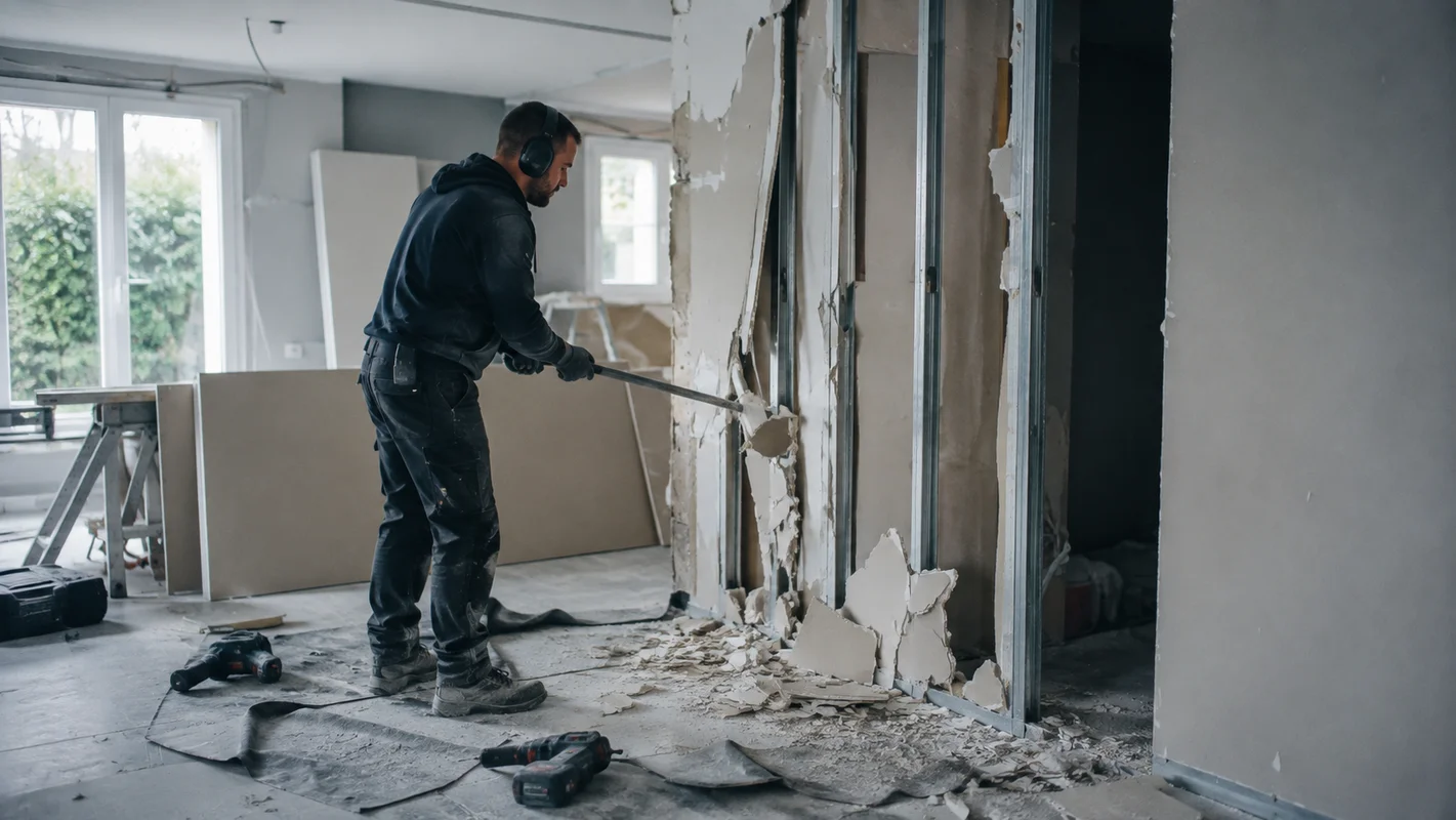 Démolition d’une cloison intérieure lors d’un chantier de rénovation à Pau