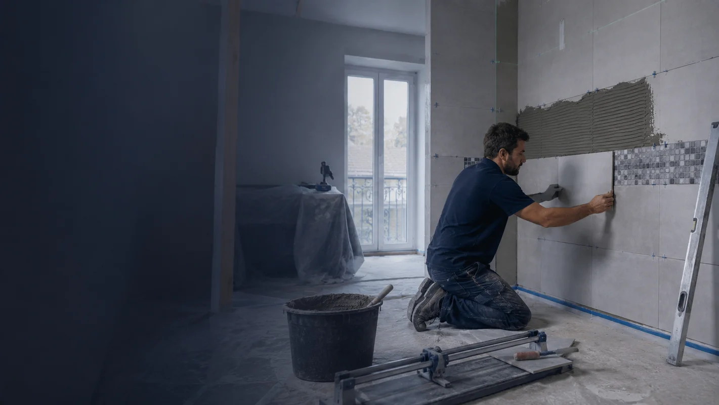 Pose de carrelage mural et au sol lors d’un chantier de rénovation à Pau